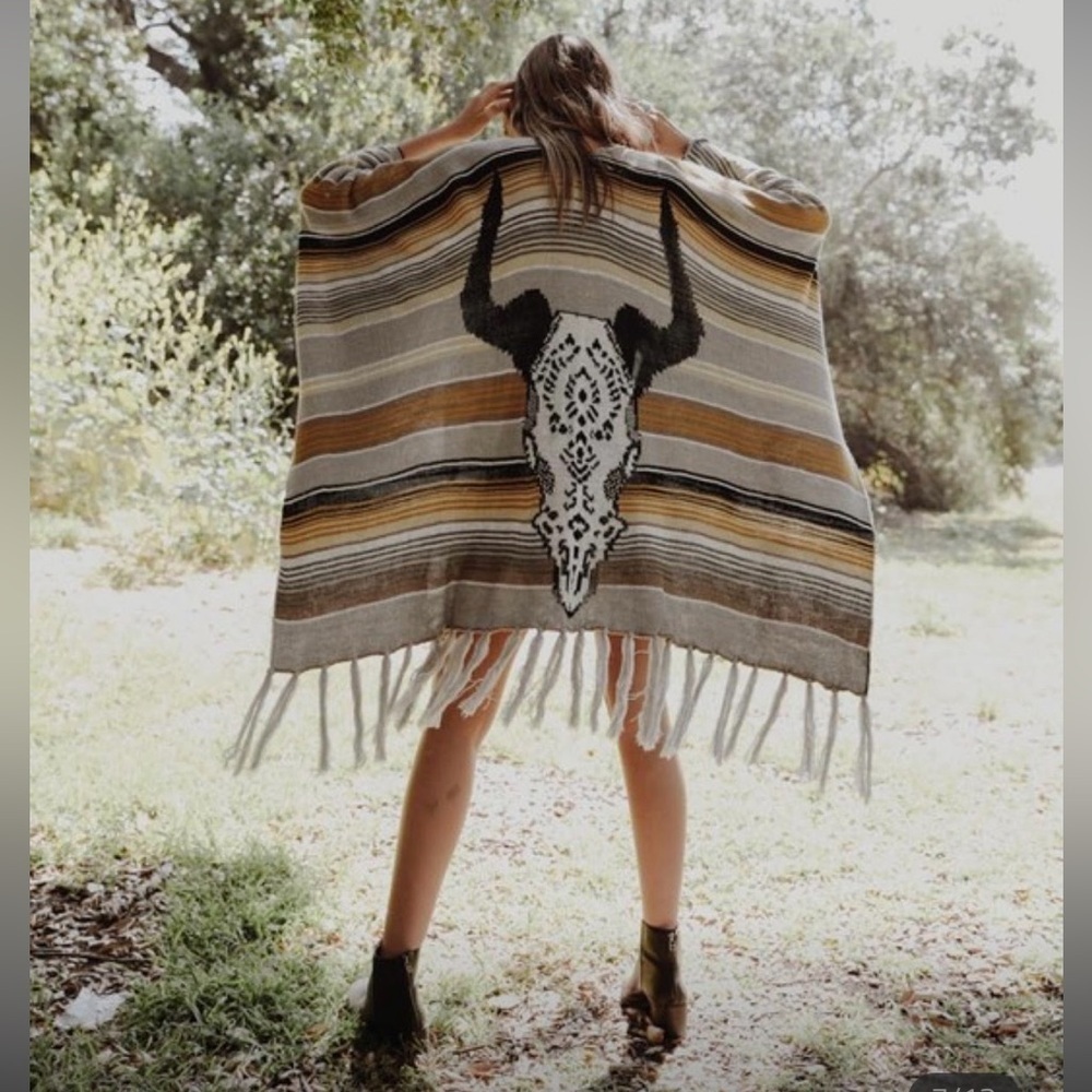 Bohemian Cow Serape Women’s Ruana – Striped Poncho with Bull Skull Design